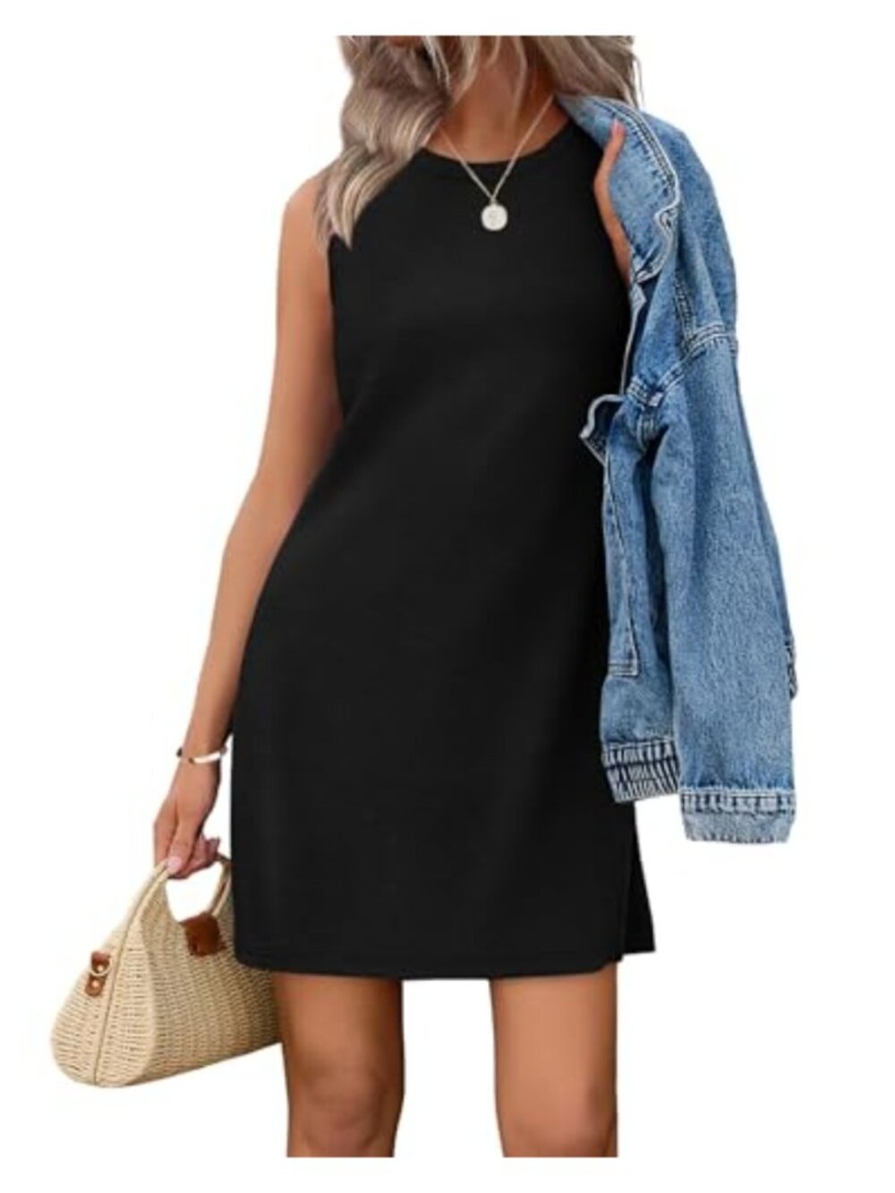 Casual Sleeveless Tank Dress, Crewneck A-Line Knee-Length